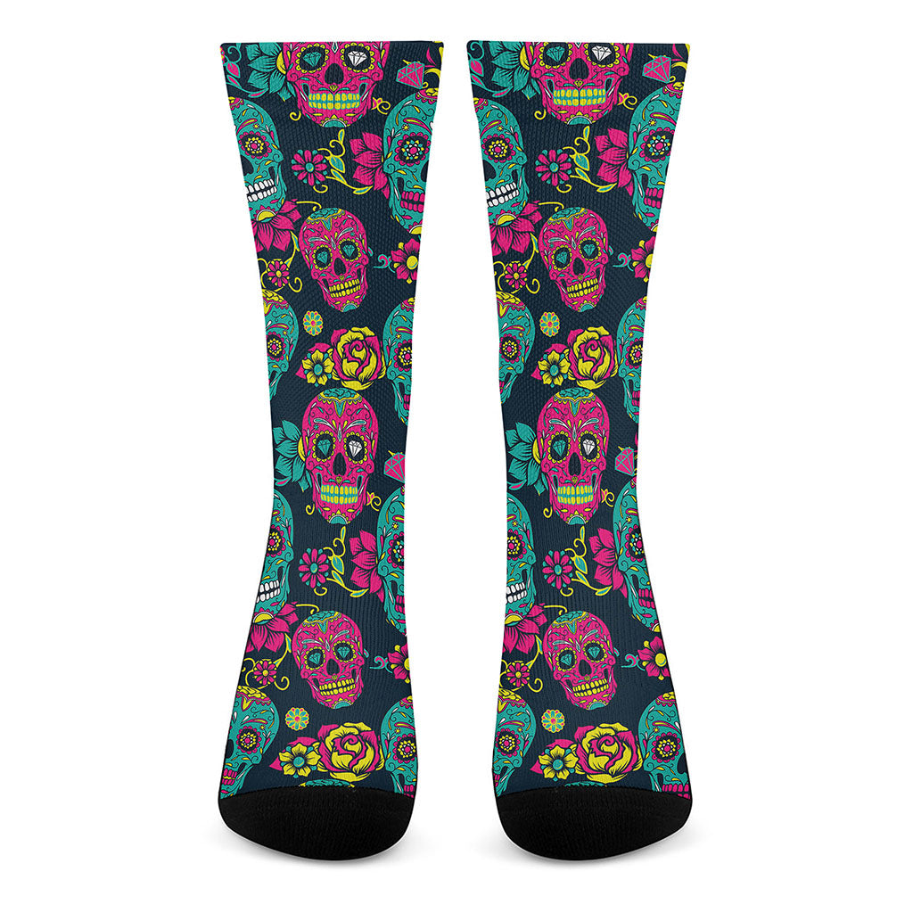 Teal Pink Sugar Skull Pattern Print Crew Socks