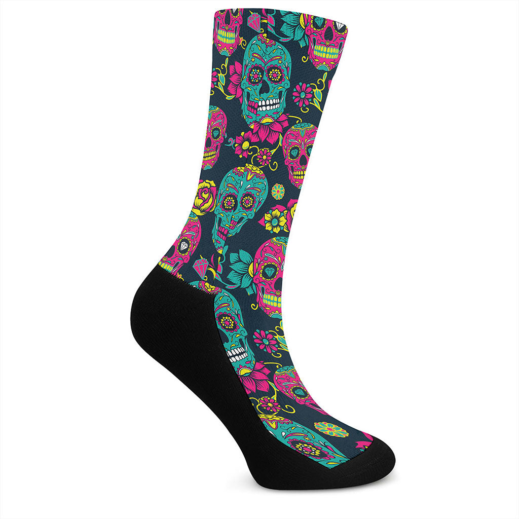 Teal Pink Sugar Skull Pattern Print Crew Socks