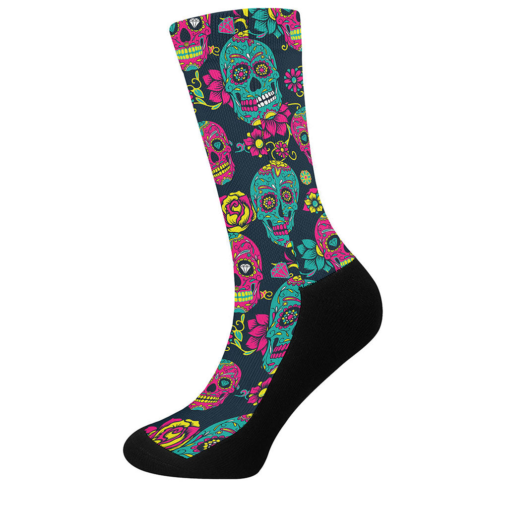 Teal Pink Sugar Skull Pattern Print Crew Socks