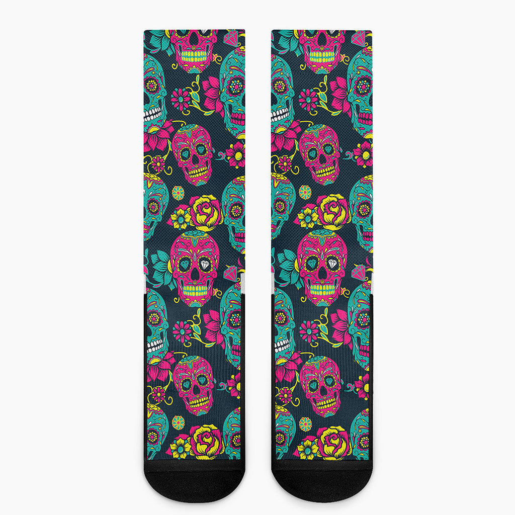 Teal Pink Sugar Skull Pattern Print Crew Socks