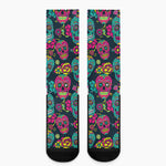 Teal Pink Sugar Skull Pattern Print Crew Socks