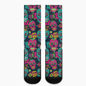 Teal Pink Sugar Skull Pattern Print Crew Socks