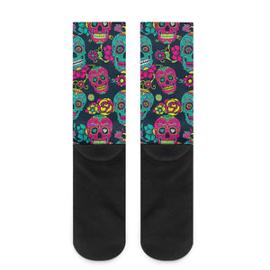 Teal Pink Sugar Skull Pattern Print Crew Socks