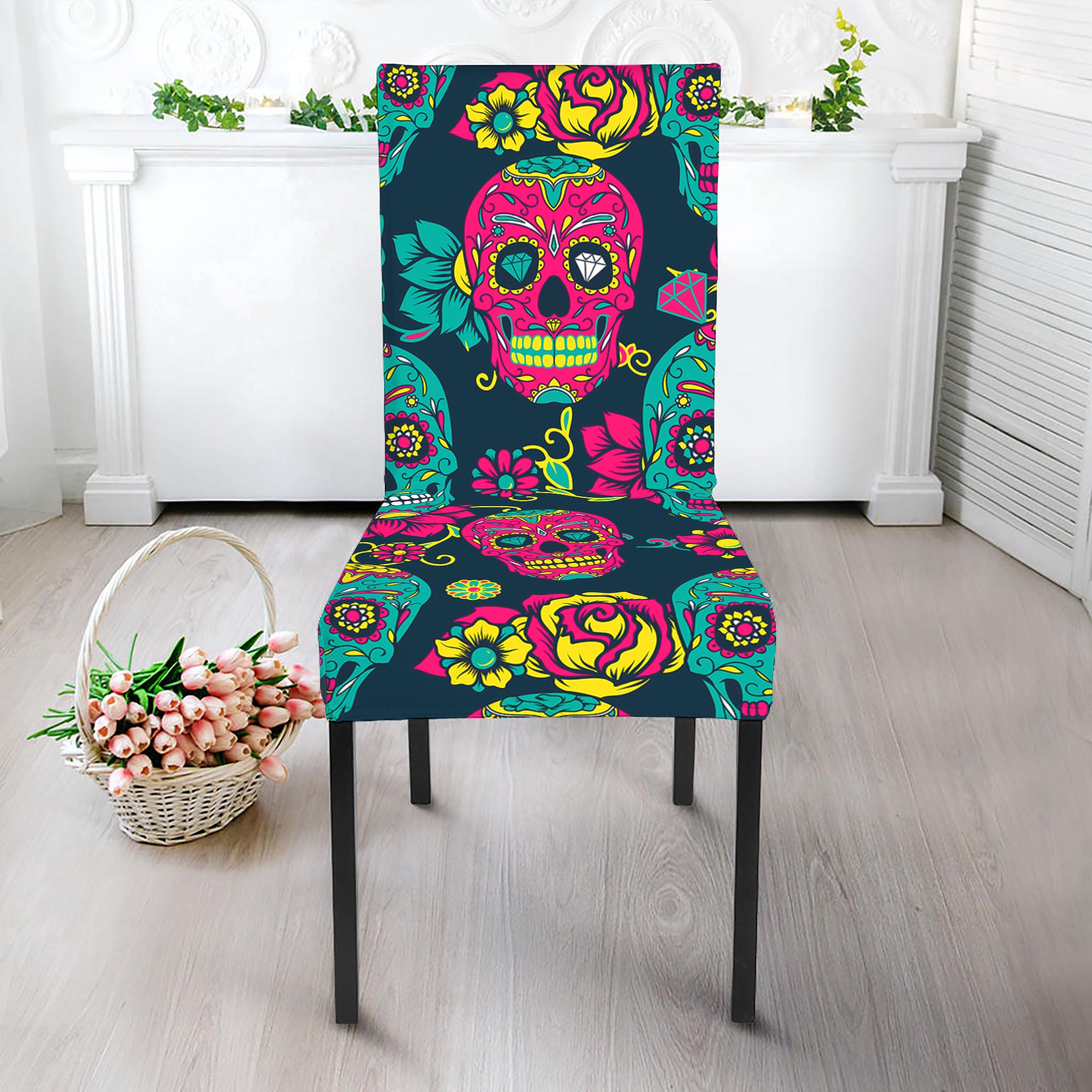 Teal Pink Sugar Skull Pattern Print Dining Chair Slipcover