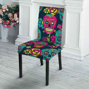 Teal Pink Sugar Skull Pattern Print Dining Chair Slipcover