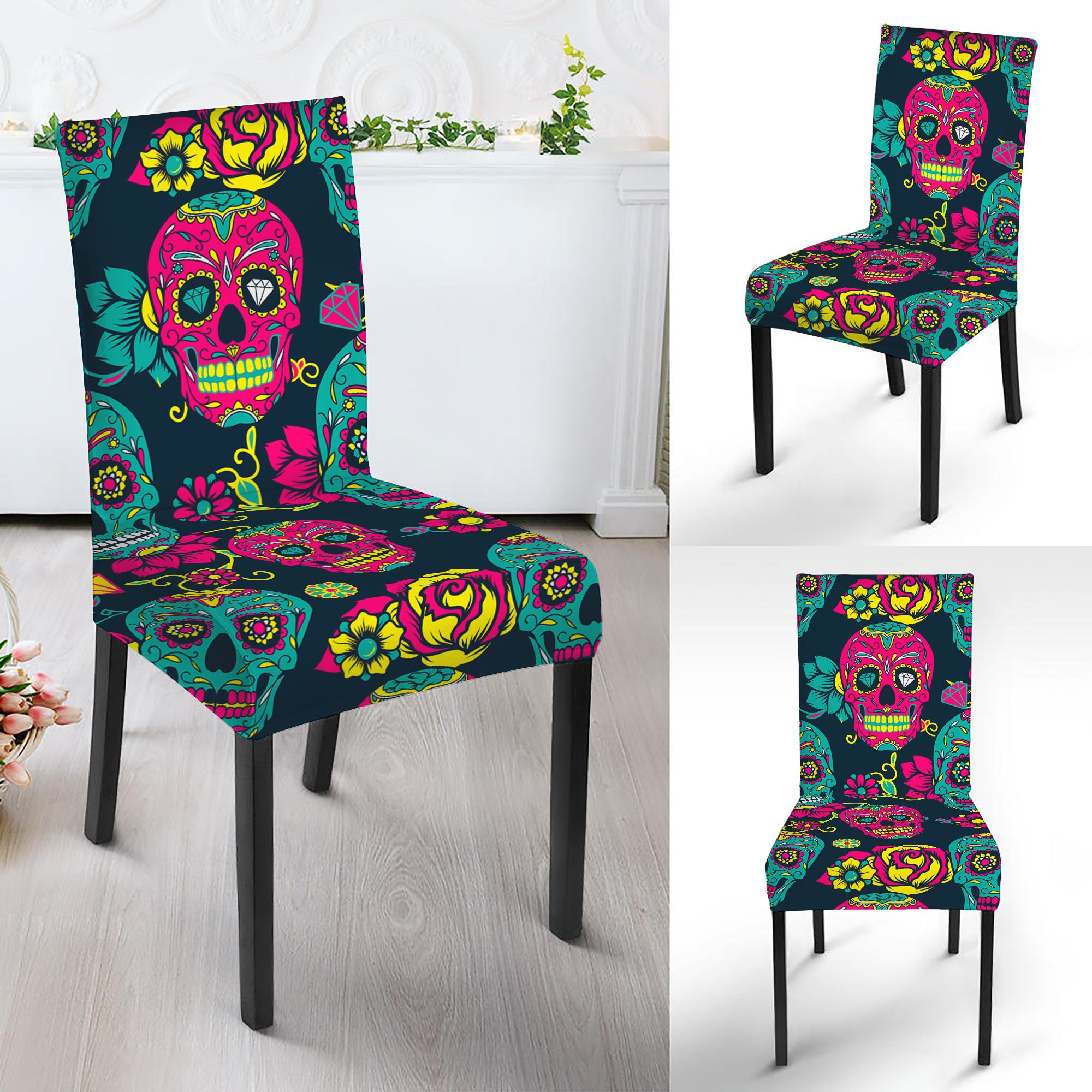 Teal Pink Sugar Skull Pattern Print Dining Chair Slipcover