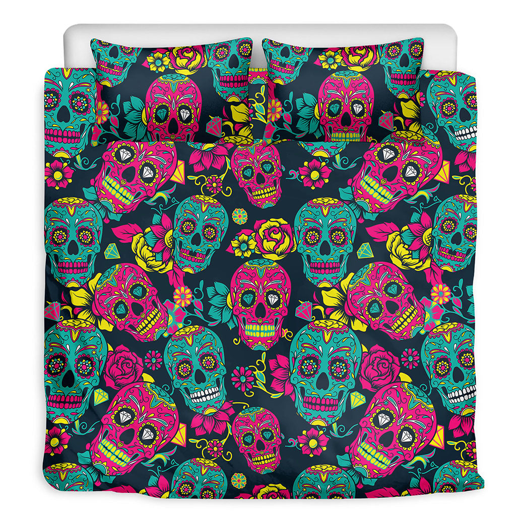 Teal Pink Sugar Skull Pattern Print Duvet Cover Bedding Set