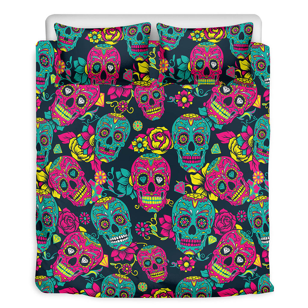 Teal Pink Sugar Skull Pattern Print Duvet Cover Bedding Set