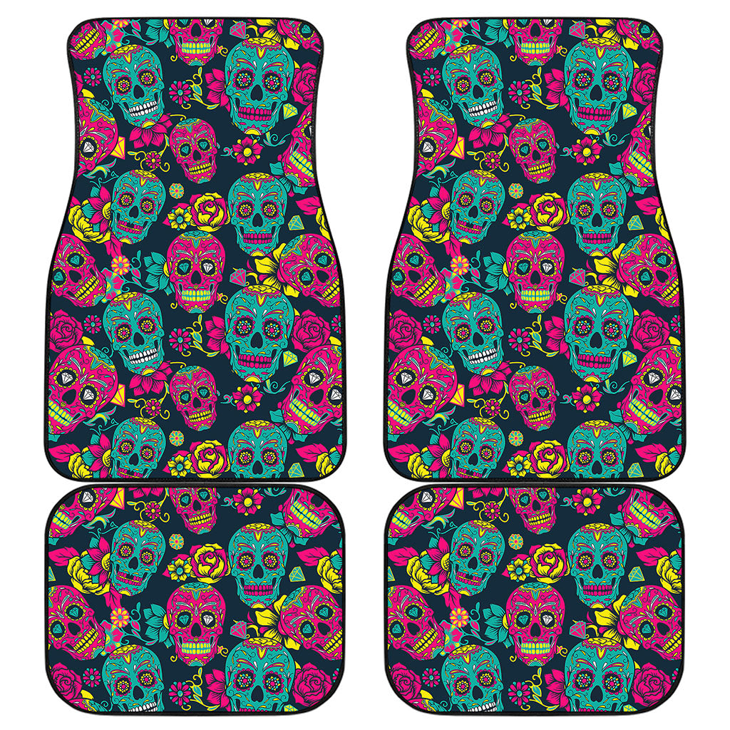 Teal Pink Sugar Skull Pattern Print Front and Back Car Floor Mats