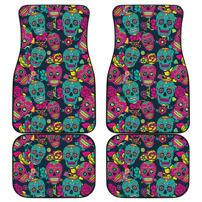 Teal Pink Sugar Skull Pattern Print Front and Back Car Floor Mats