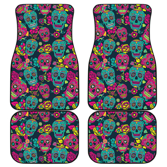 Teal Pink Sugar Skull Pattern Print Front and Back Car Floor Mats