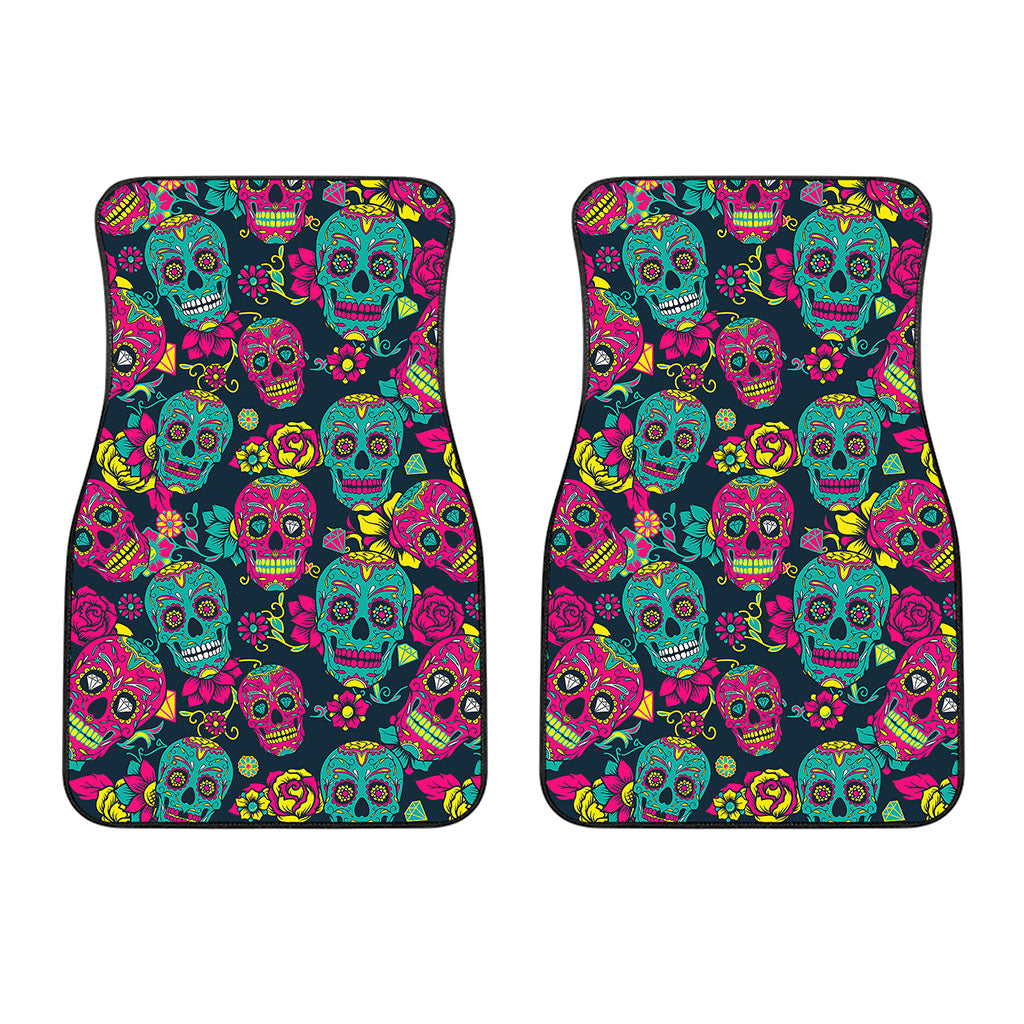 Teal Pink Sugar Skull Pattern Print Front Car Floor Mats