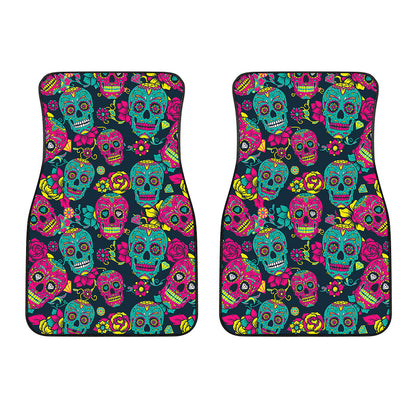 Teal Pink Sugar Skull Pattern Print Front Car Floor Mats