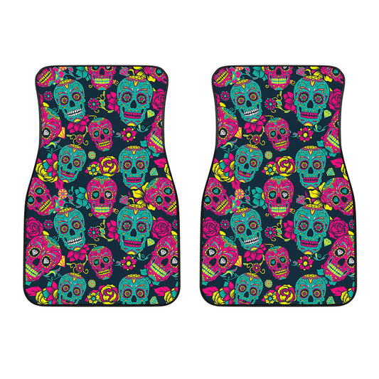 Teal Pink Sugar Skull Pattern Print Front Car Floor Mats