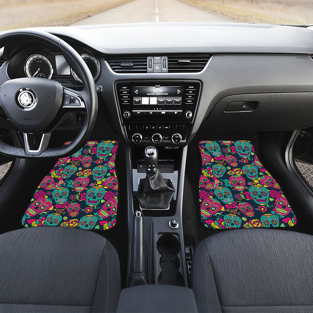 Teal Pink Sugar Skull Pattern Print Front Car Floor Mats