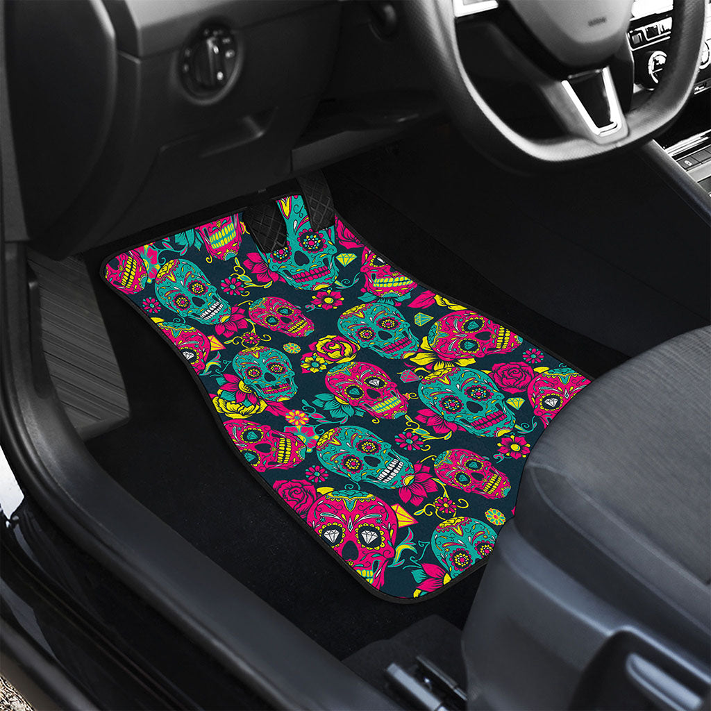 Teal Pink Sugar Skull Pattern Print Front Car Floor Mats
