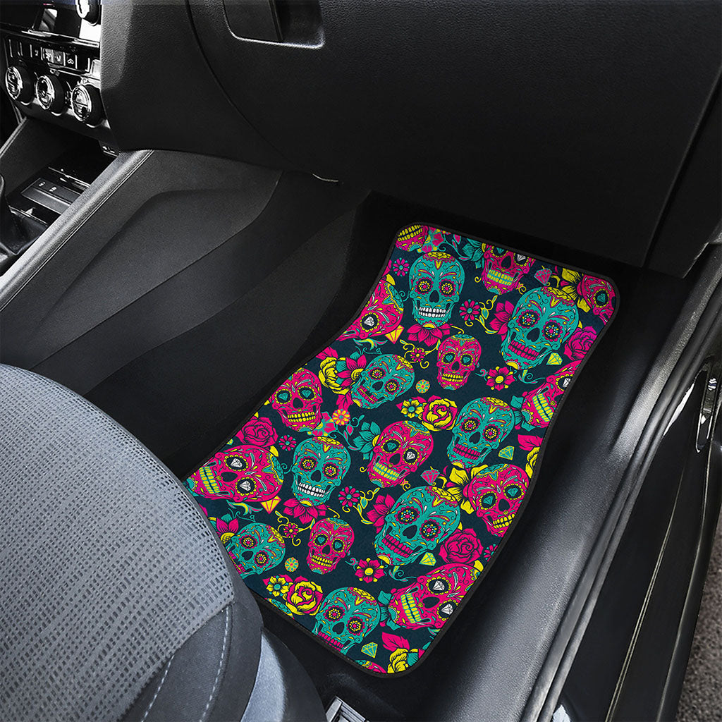 Teal Pink Sugar Skull Pattern Print Front Car Floor Mats