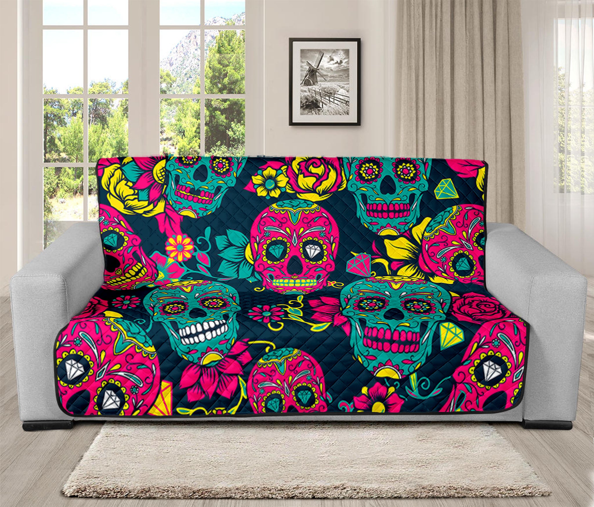 Teal Pink Sugar Skull Pattern Print Futon Protector