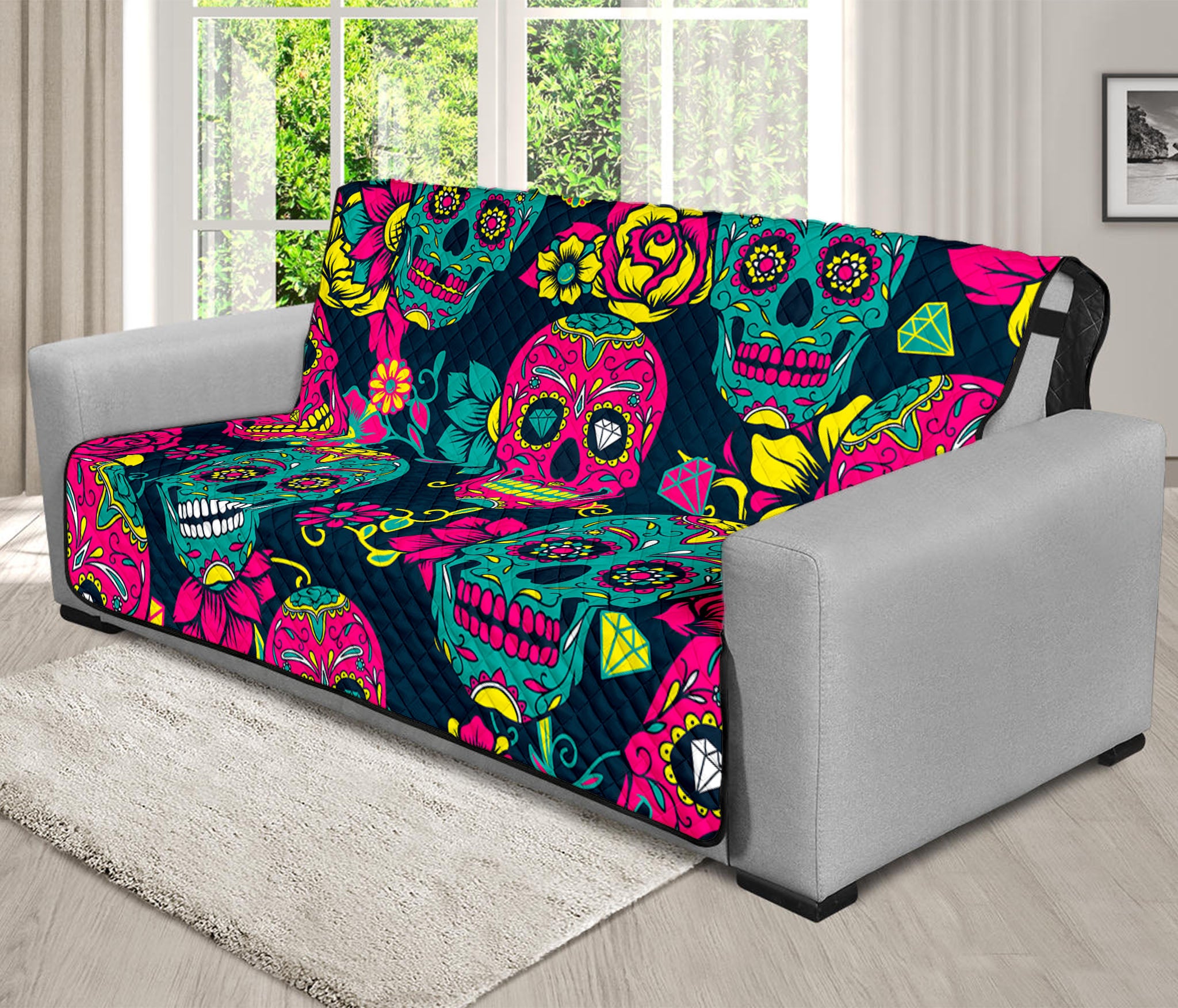 Teal Pink Sugar Skull Pattern Print Futon Protector