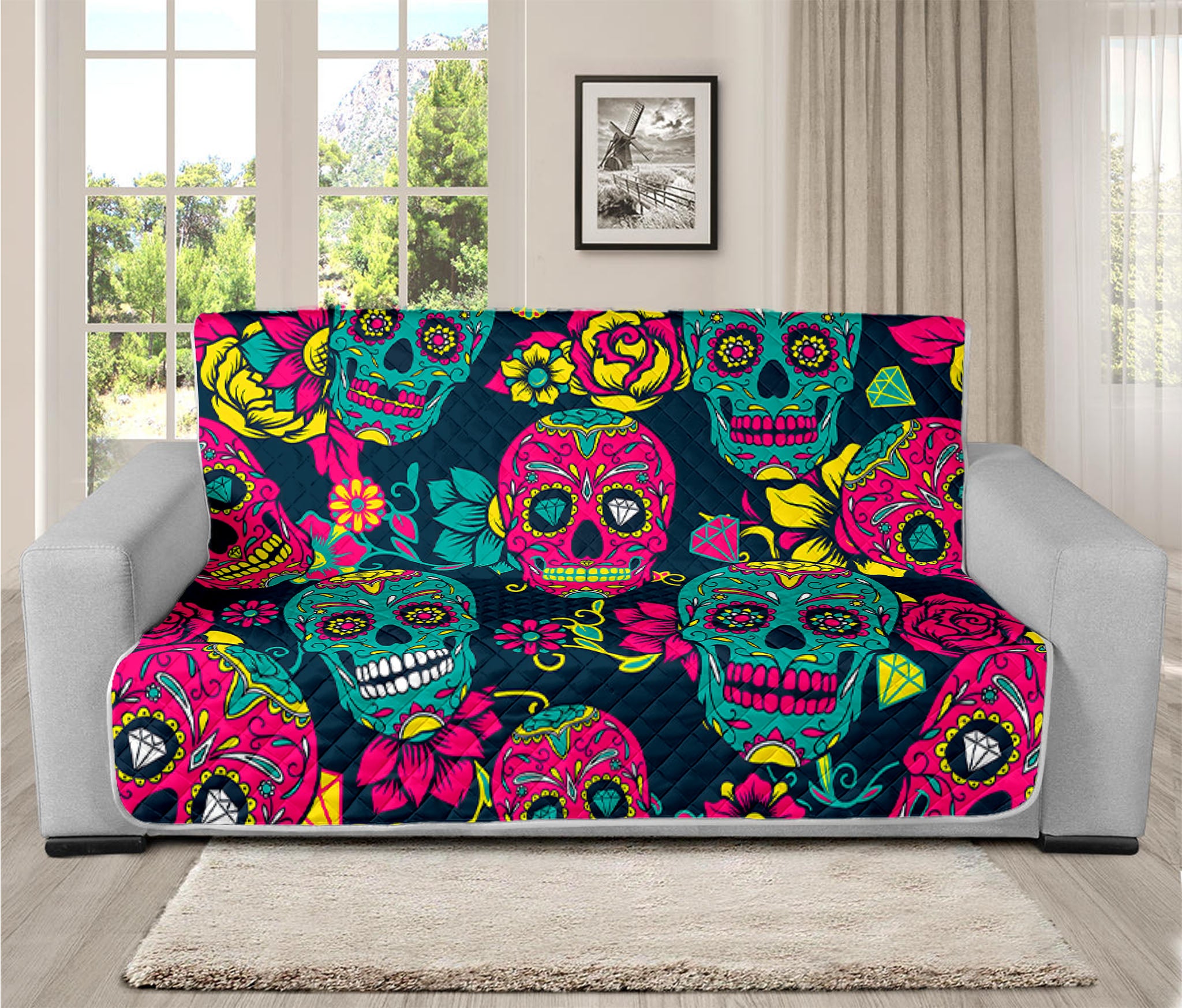 Teal Pink Sugar Skull Pattern Print Futon Protector