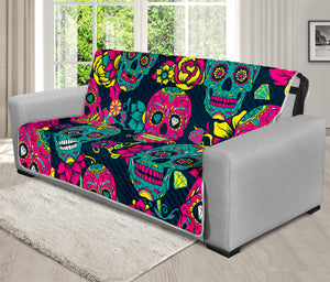 Teal Pink Sugar Skull Pattern Print Futon Protector