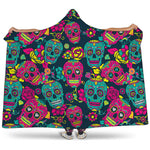 Teal Pink Sugar Skull Pattern Print Hooded Blanket