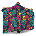 Teal Pink Sugar Skull Pattern Print Hooded Blanket