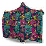 Teal Pink Sugar Skull Pattern Print Hooded Blanket