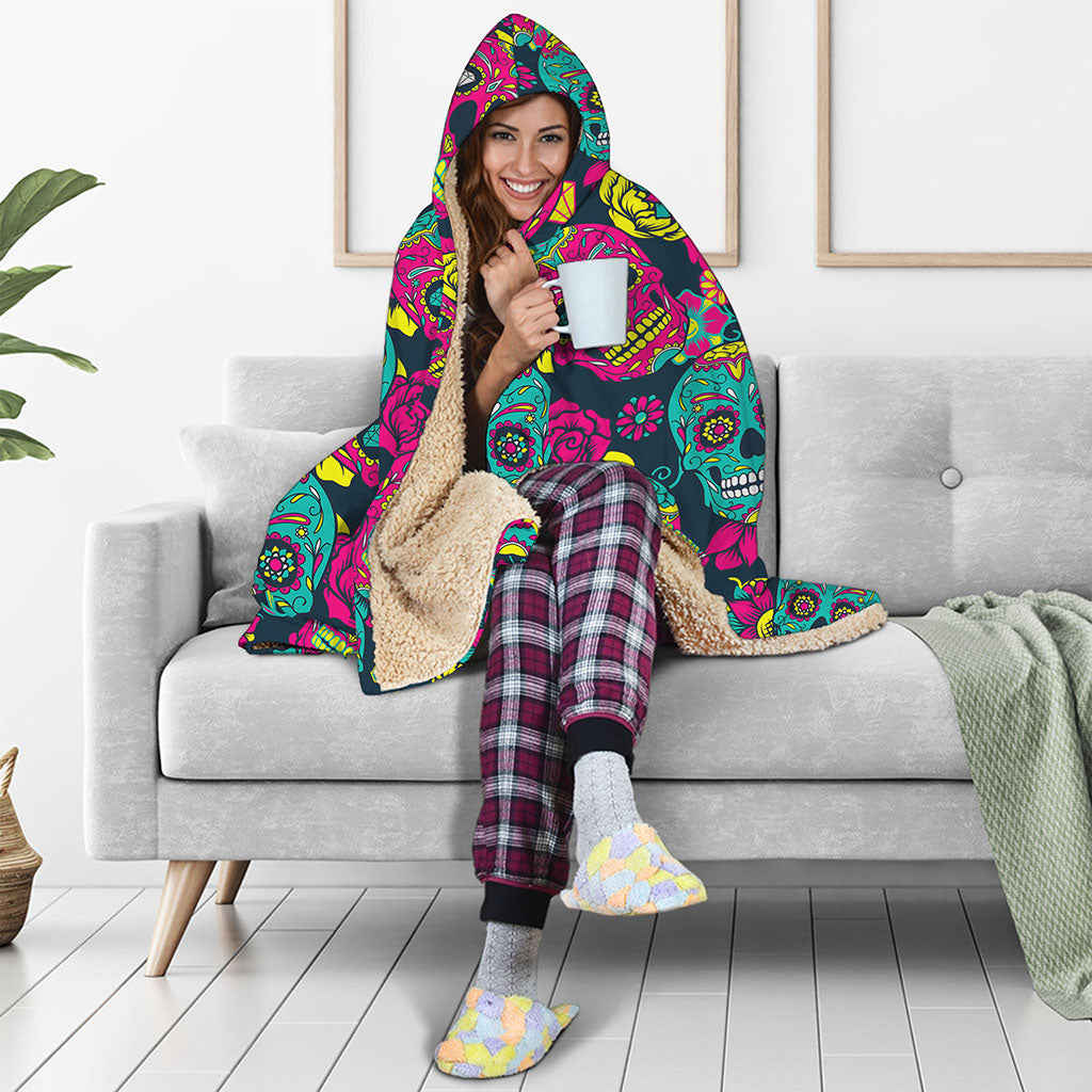 Teal Pink Sugar Skull Pattern Print Hooded Blanket