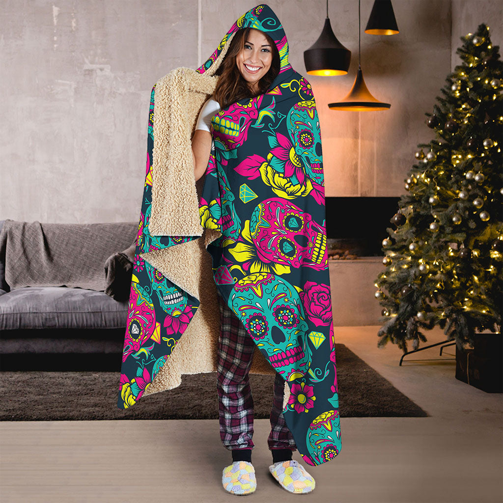Teal Pink Sugar Skull Pattern Print Hooded Blanket