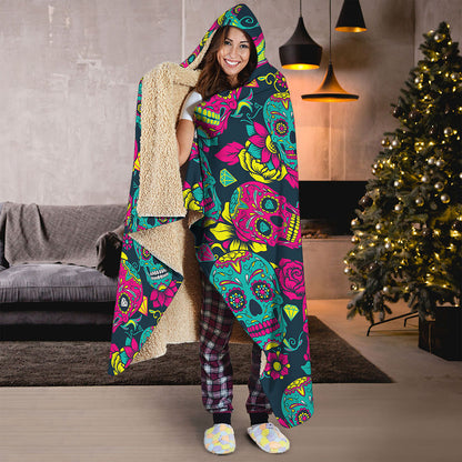 Teal Pink Sugar Skull Pattern Print Hooded Blanket