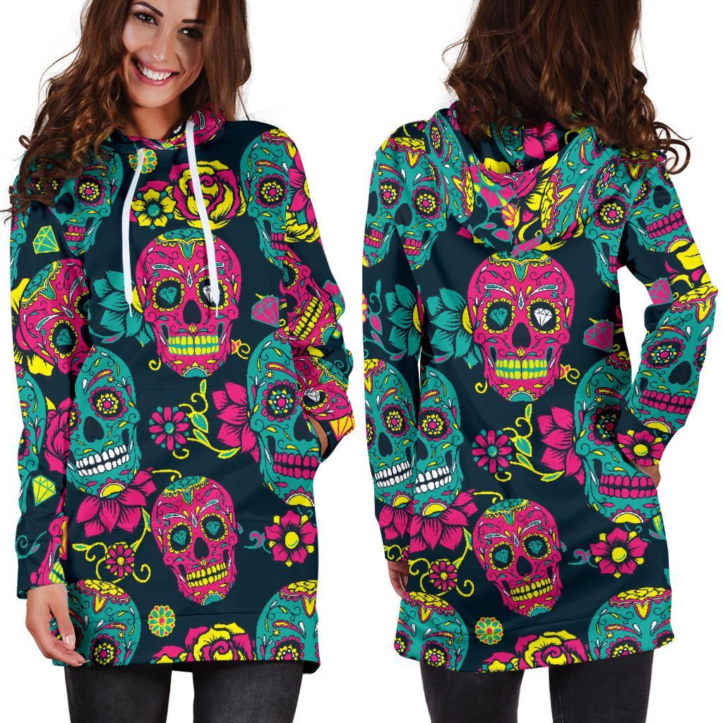 Teal Pink Sugar Skull Pattern Print Hoodie Dress GearFrost