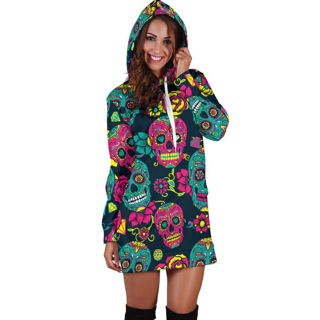 Teal Pink Sugar Skull Pattern Print Hoodie Dress GearFrost