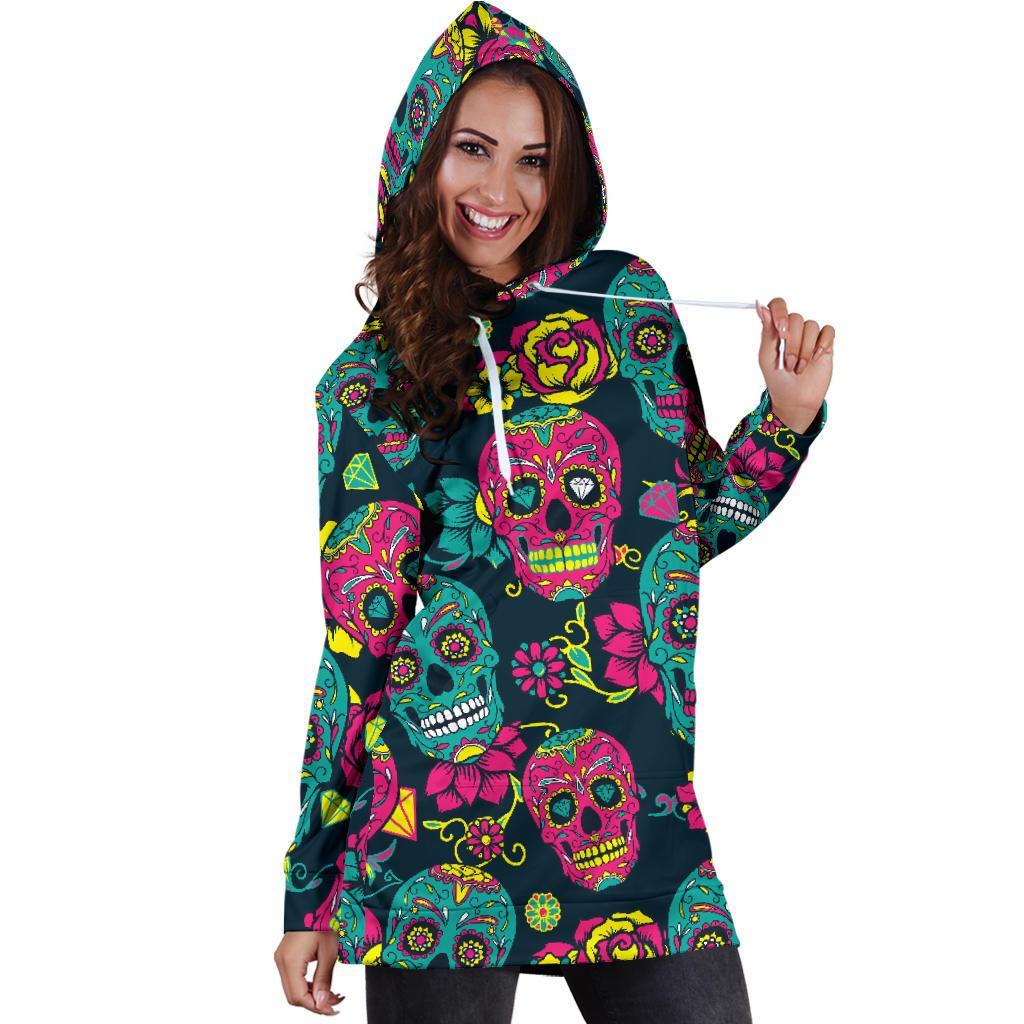 Teal Pink Sugar Skull Pattern Print Hoodie Dress GearFrost