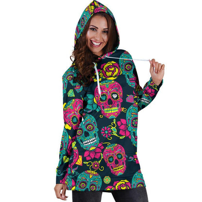 Teal Pink Sugar Skull Pattern Print Hoodie Dress GearFrost