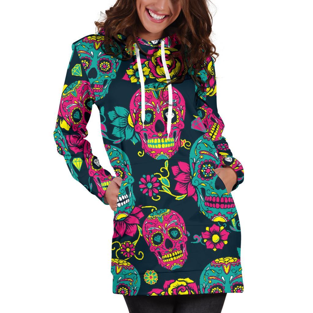 Teal Pink Sugar Skull Pattern Print Hoodie Dress GearFrost