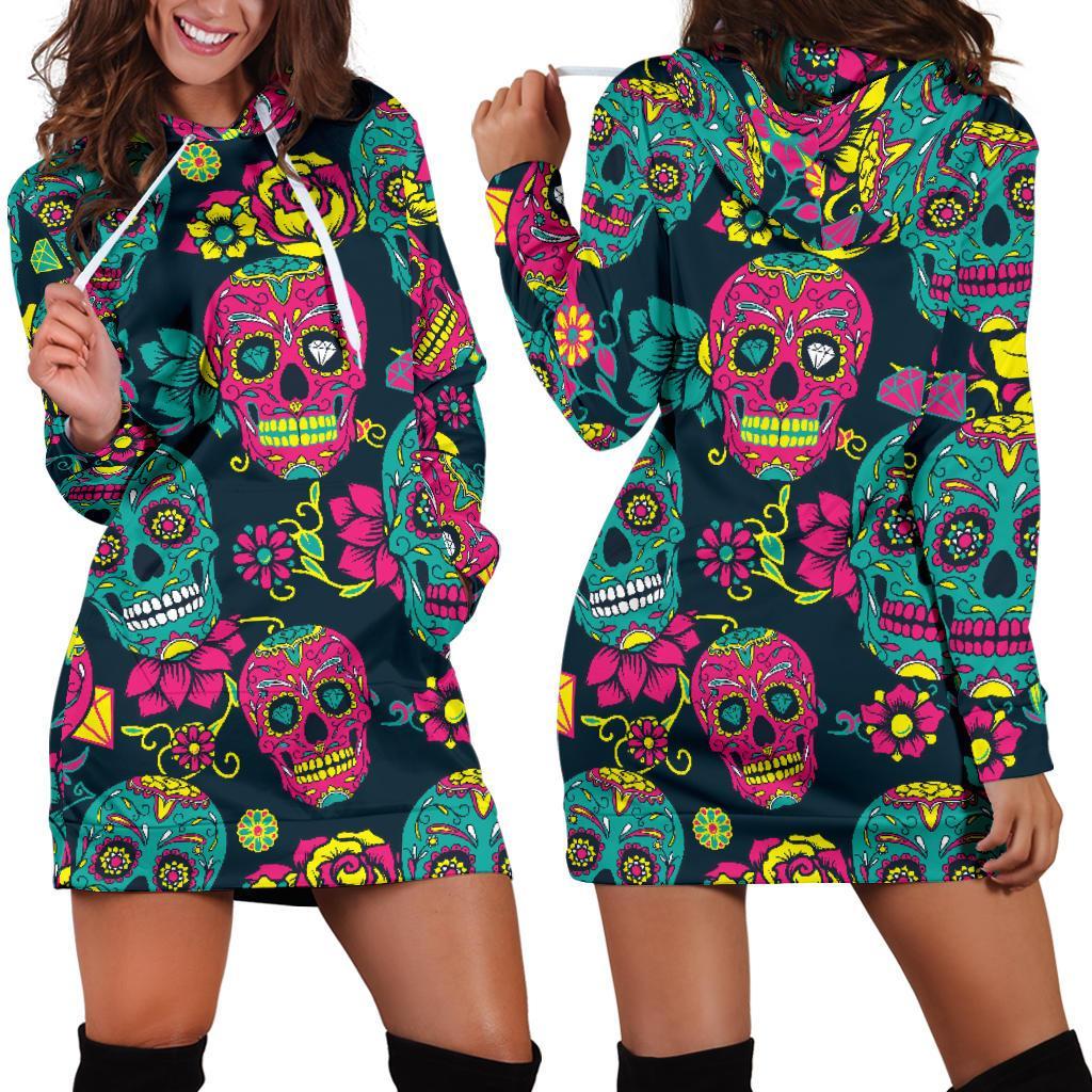 Teal Pink Sugar Skull Pattern Print Hoodie Dress GearFrost