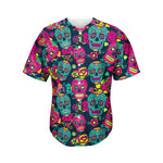 Teal Pink Sugar Skull Pattern Print Men's Baseball Jersey