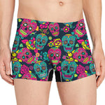 Teal Pink Sugar Skull Pattern Print Men's Boxer Briefs
