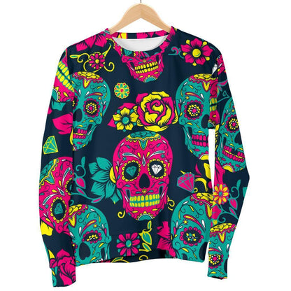 Teal Pink Sugar Skull Pattern Print Men's Crewneck Sweatshirt GearFrost