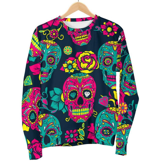 Teal Pink Sugar Skull Pattern Print Men's Crewneck Sweatshirt GearFrost