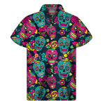 Teal Pink Sugar Skull Pattern Print Men's Short Sleeve Shirt