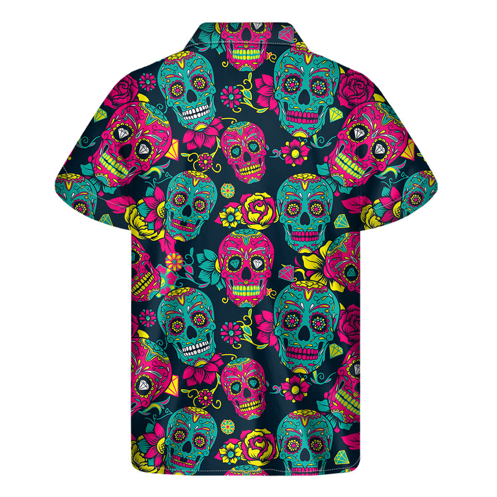 Teal Pink Sugar Skull Pattern Print Men's Short Sleeve Shirt
