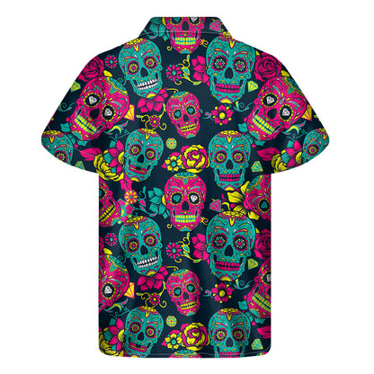 Teal Pink Sugar Skull Pattern Print Men's Short Sleeve Shirt