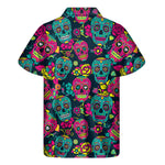 Teal Pink Sugar Skull Pattern Print Men's Short Sleeve Shirt