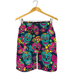 Teal Pink Sugar Skull Pattern Print Men's Shorts