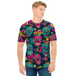 Teal Pink Sugar Skull Pattern Print Men's T-Shirt