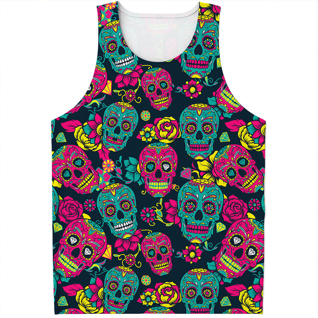 Teal Pink Sugar Skull Pattern Print Men's Tank Top