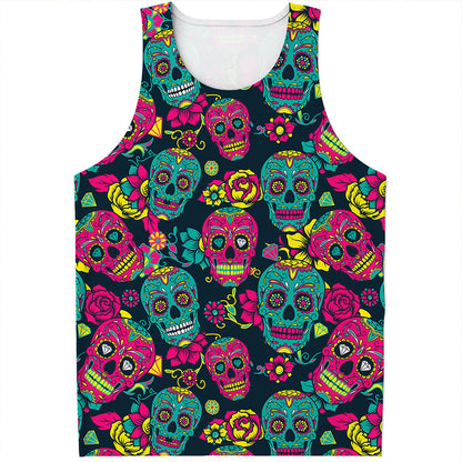 Teal Pink Sugar Skull Pattern Print Men's Tank Top