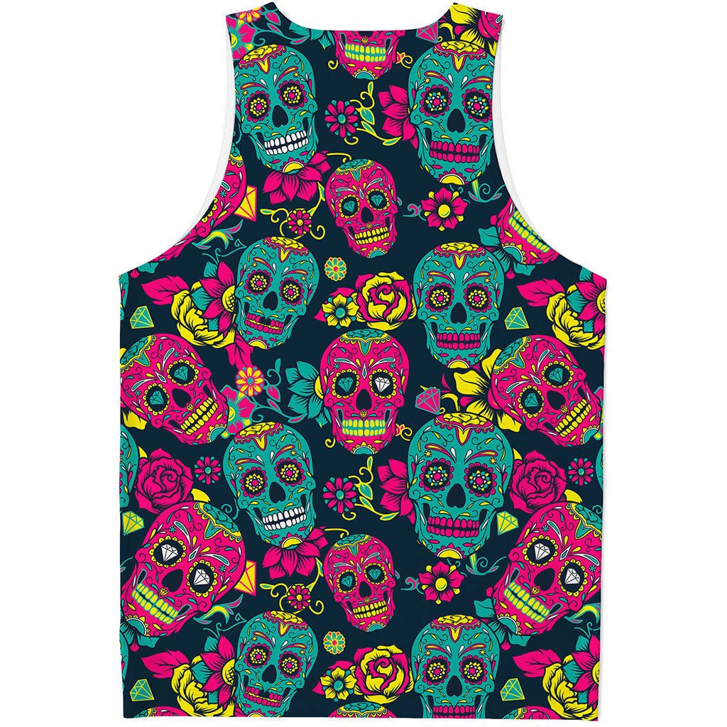 Teal Pink Sugar Skull Pattern Print Men's Tank Top
